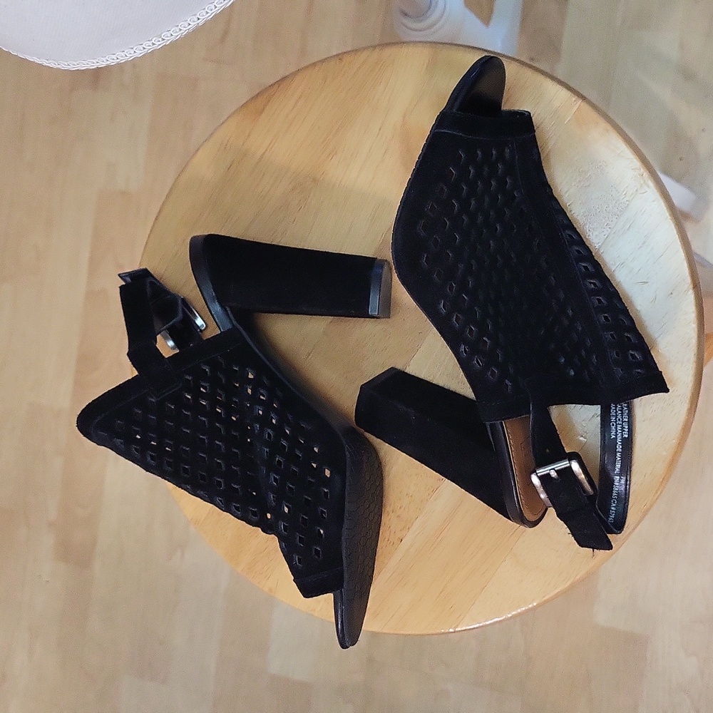 14th & Union Black Suede Tatiana-Lea Chuncy Peep Toe Perforated Heels